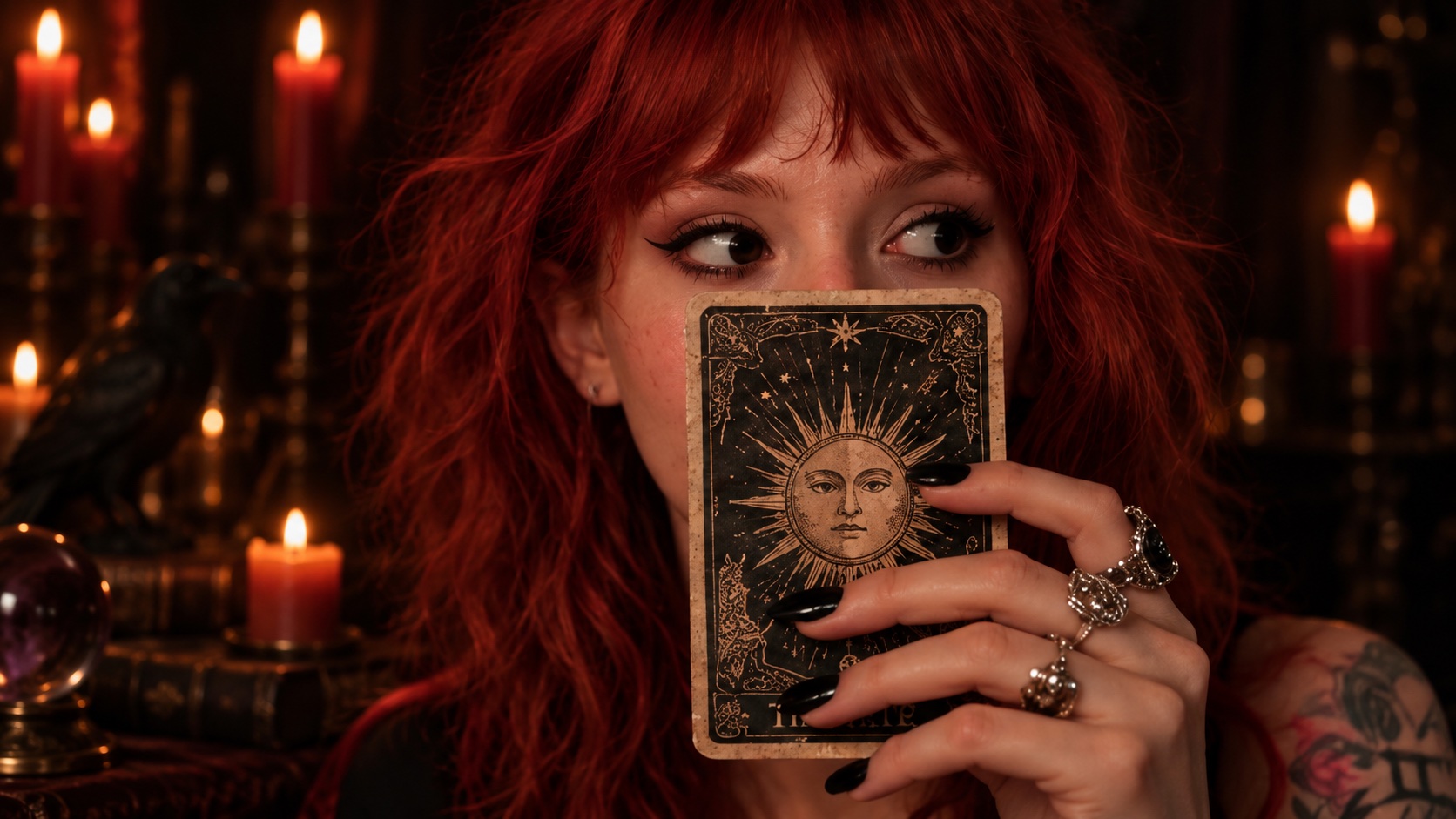 Layla holding a tarot card in candlelight